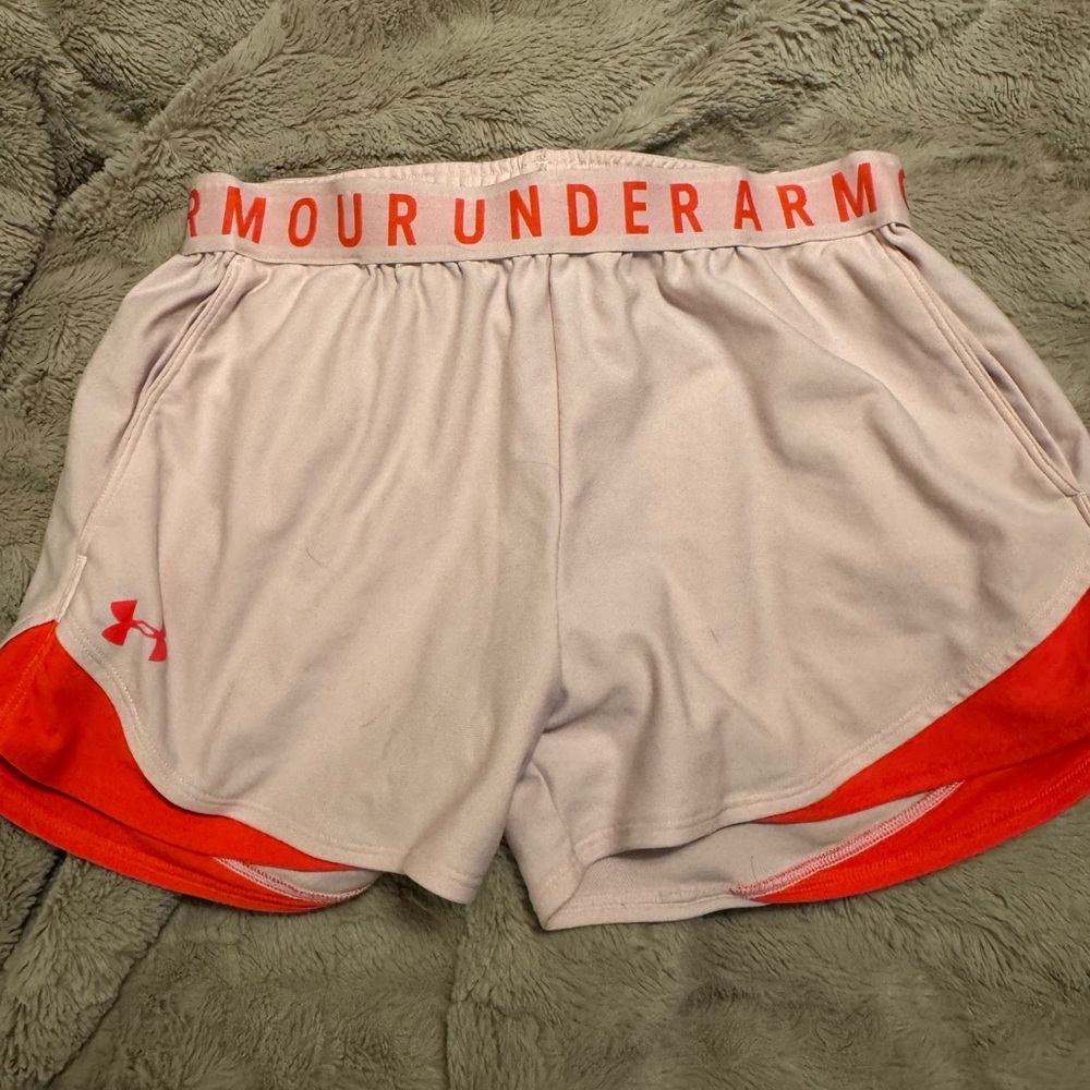 Under Armour Women's Pale Pink Shorts with Orange Trim